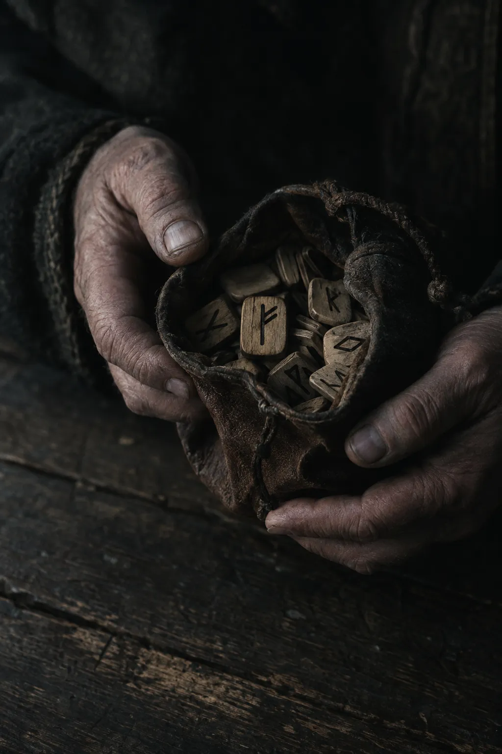 Weathered hands holding a leather pouch of carved wooden runes