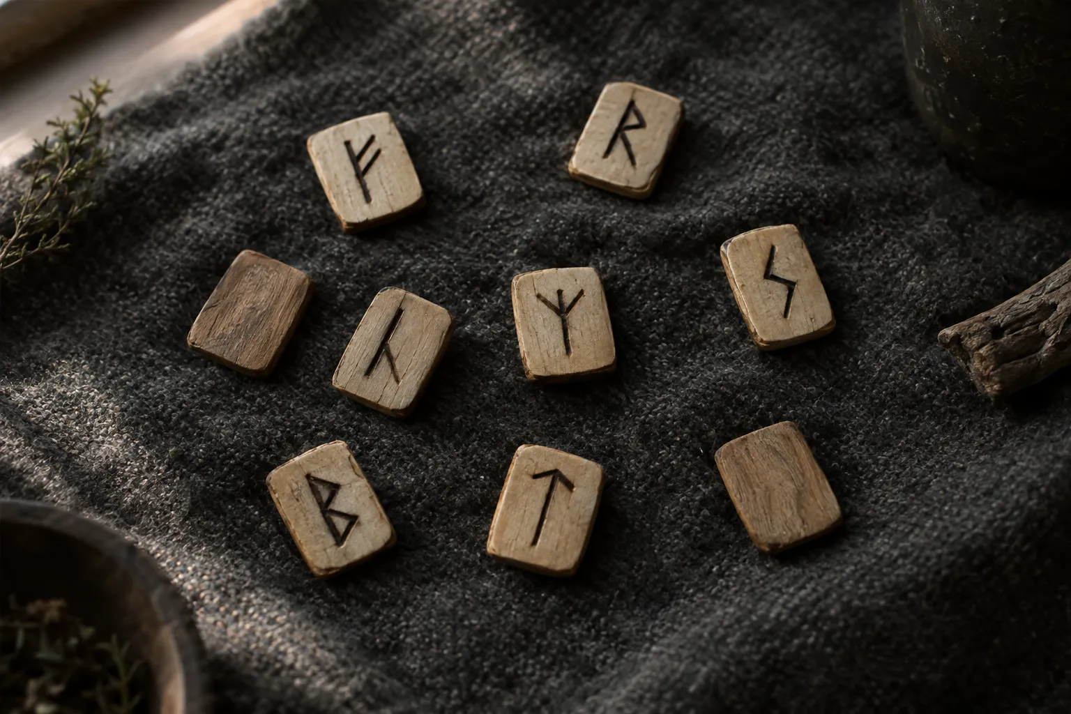 Carved wooden rune tiles scattered on a dark wool cloth, some face-down